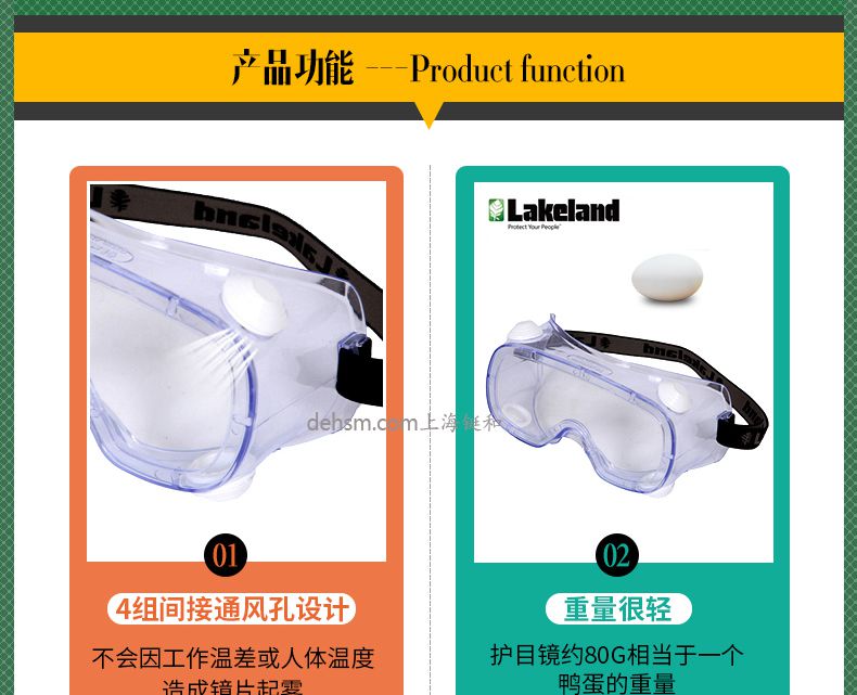 雷克蘭G1510護(hù)目鏡4組間通風(fēng)口設(shè)計，重量輕約80克